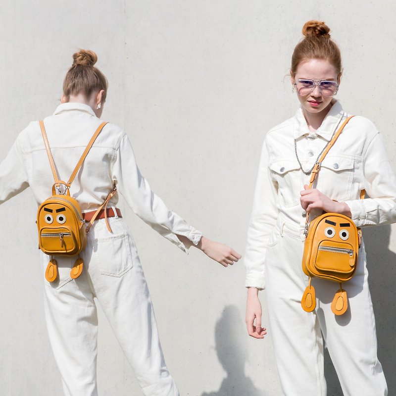 Yellow leather mini backpack parent-child leather side back shoulder bag cute funny side back dual-use bag - กระเป๋าเป้สะพายหลัง - หนังแท้ สีเหลือง