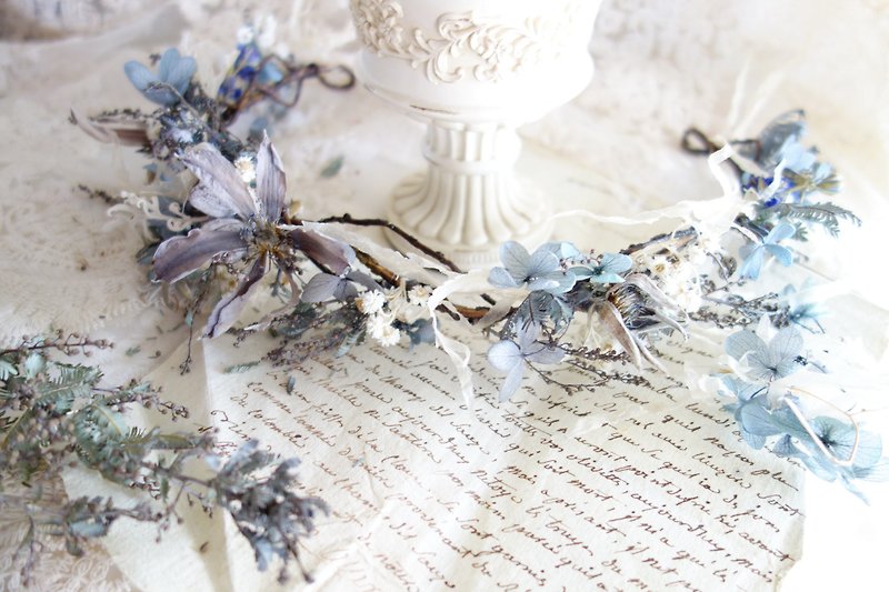 Wedding floral series ~ Cool gray blue immortal floral wreath - เครื่องประดับผม - พืช/ดอกไม้ สีเทา