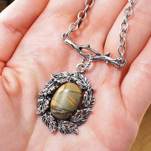 AGATIX Olive Beige Yellow Picasso Jasper Silver Leaf Branch Pendant Necklace Jewelry