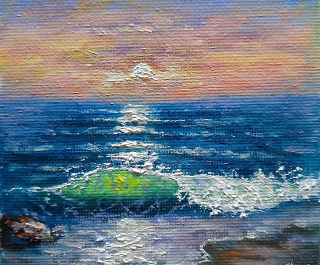 海の夕焼けミニ油絵、夜のビーチのオリジナルアート、海の手作りギフト 