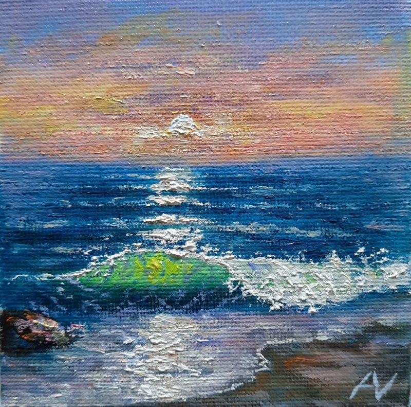 Sea sunset mini oil painting, evening beach original art, ocean handmade gift - 壁貼/牆壁裝飾 - 環保材質 多色