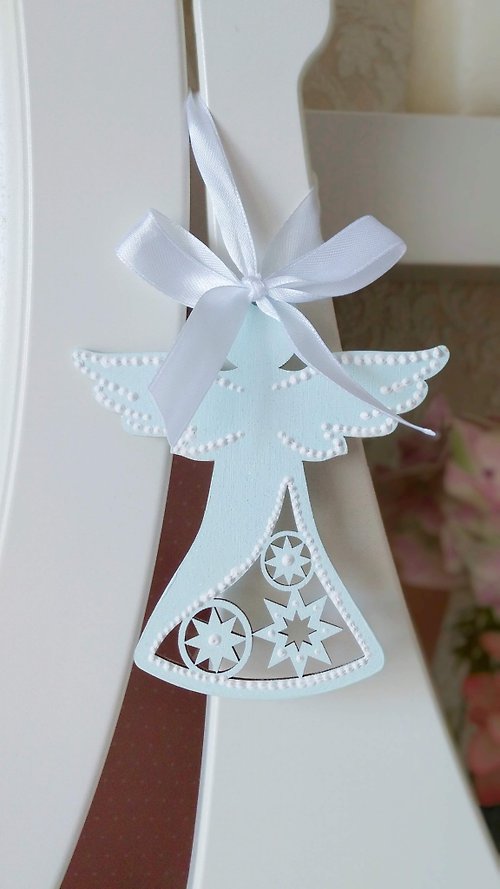 YourFloralDreams Christmas Angel in light blue color on ribbon Hanging angel personalized gift