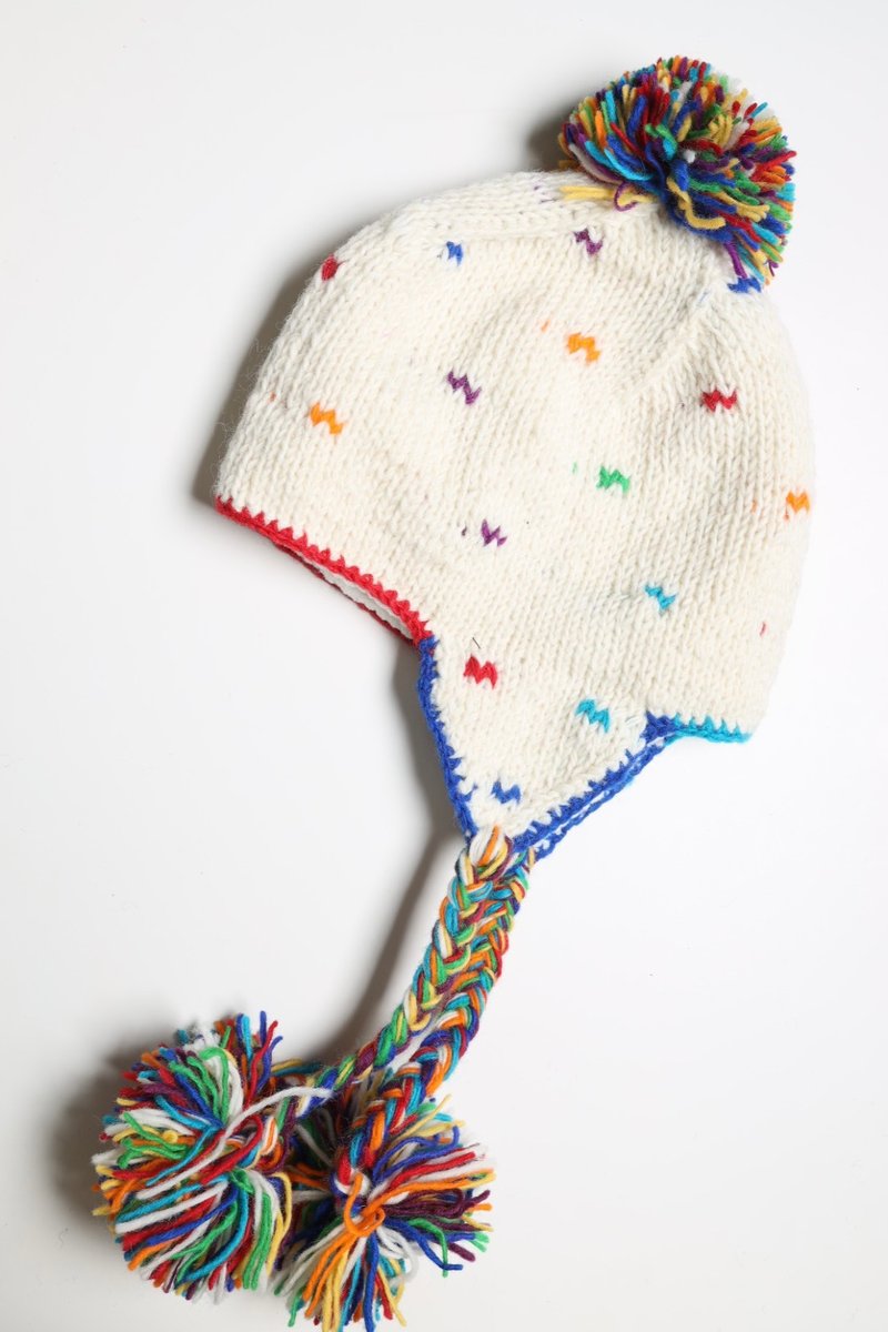 預購保暖護耳三球米白彩紅小點點純羊毛線手工編織全襯防風毛帽子 - 帽子 - 羊毛 白色