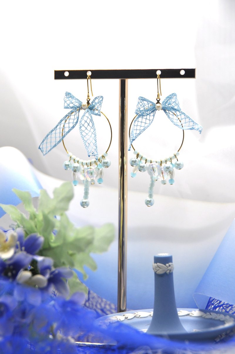 Cinderella light blue/lace earrings/hand made earrings - Earrings & Clip-ons - Silk Blue