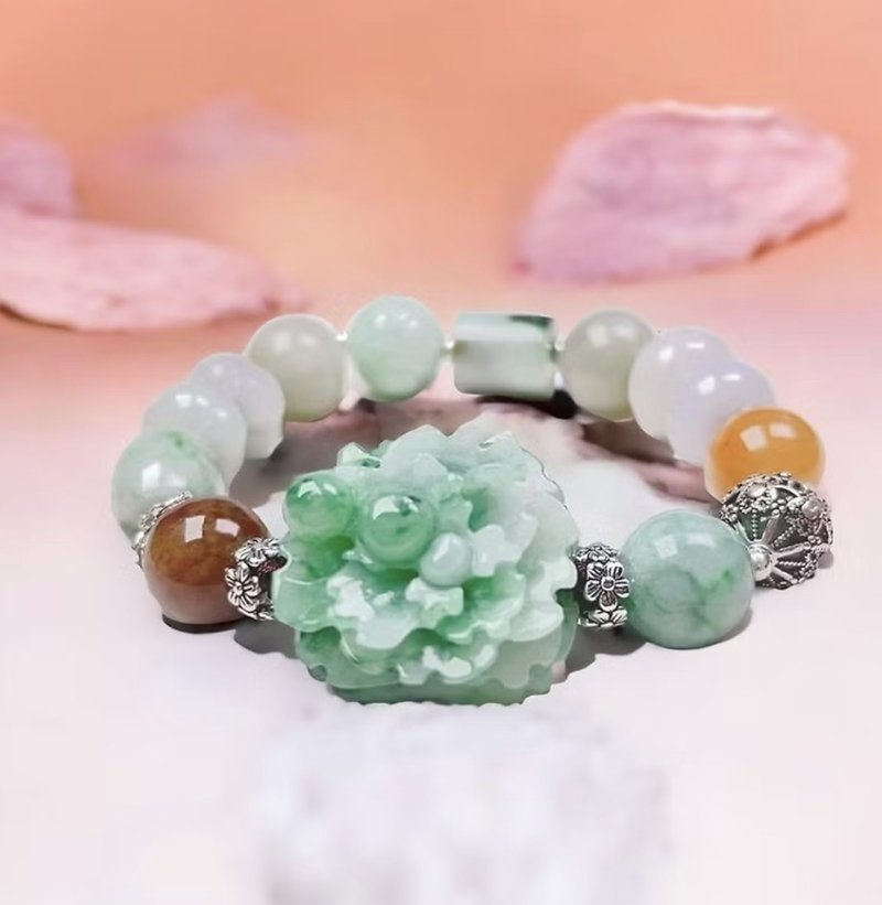 飄綠花翡翠牡丹花多寶設計款手鍊 | 天然緬甸玉翡翠A貨 | 送禮 - 手鍊/手環 - 玉石 多色