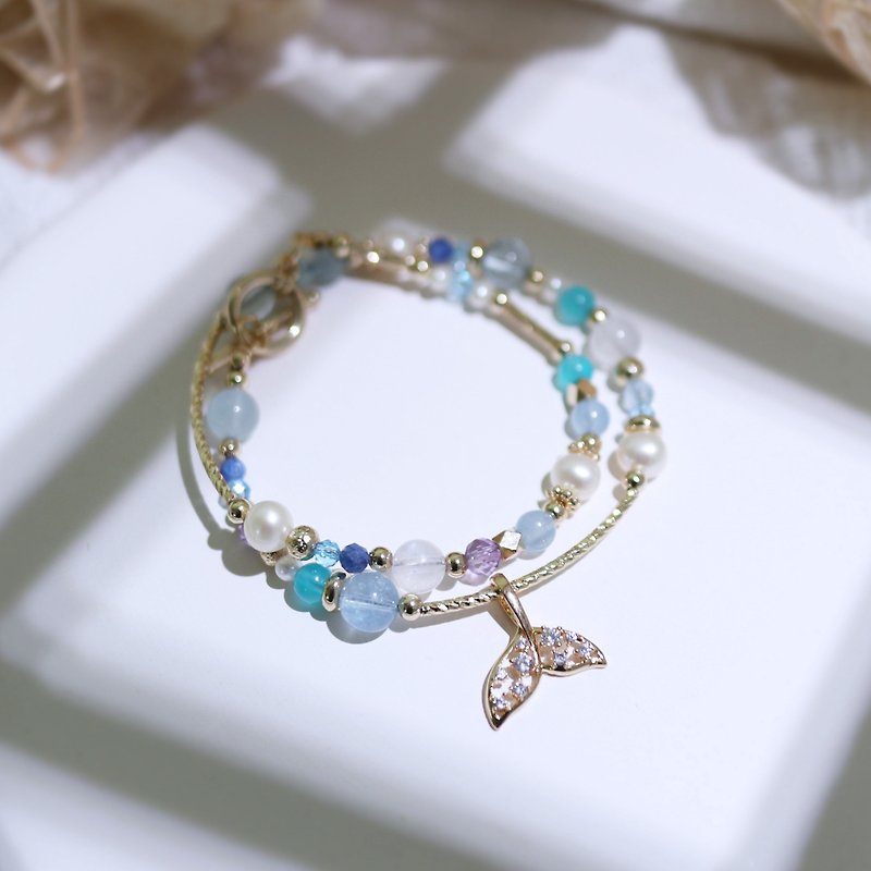 /Mermaid Tail/ Aquamarine Amazonite Stone Amethyst Stone Pearl Double Circle Bracelet - Bracelets - Crystal Blue
