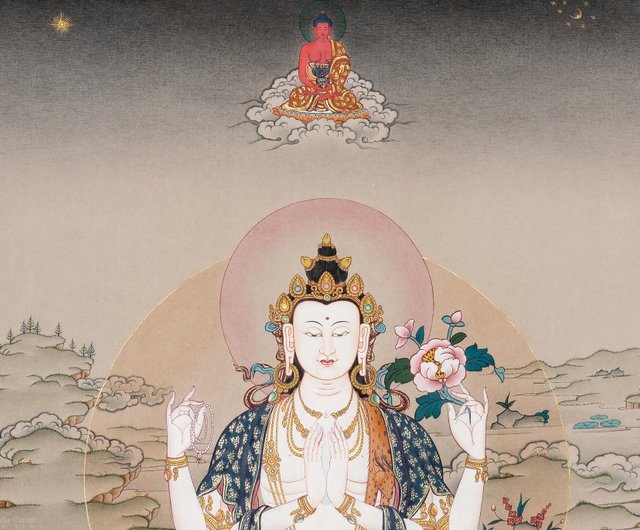 絹キャンバスのチベットのタンカ絵画、四腕の観音像、ホーム