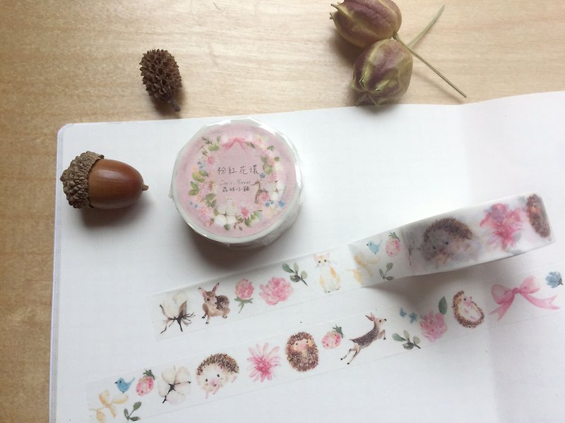Zoe's forest No. 12 Washi Tape-Pink Garland Fawn and Hedgehog - มาสกิ้งเทป - กระดาษ สึชมพู