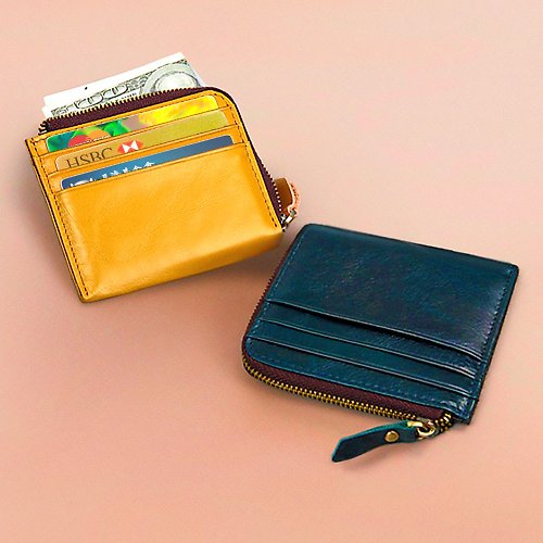Leather wallet, L-zip wallet, Short clip, Credit card holder, Coin Purse,  Gift