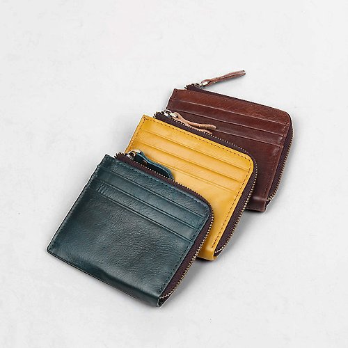 Leather wallet, L-zip wallet, Short clip, Credit card holder, Coin Purse,  Gift
