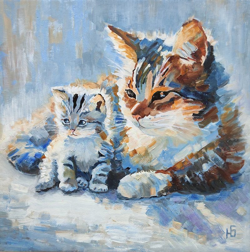 Cat and kitten Oil Painting Original, Cute Pet Portrait Art. 手工油畫, 油畫原作 - Posters - Other Materials Multicolor