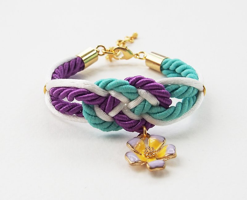 Purple/green mint/white infinity knot rope bracelet with flower charm - Bracelets - Other Materials Purple