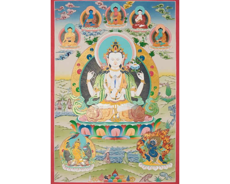 觀世音菩薩唐卡 — 手工西藏慈悲佛藝術 - 壁貼/牆壁裝飾 - 其他金屬 多色