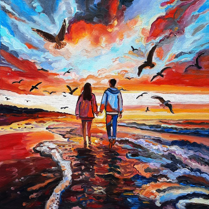 原創畫 The Couple Painting  Original Art  Oil Painting  Oil On Canvas - ตกแต่งผนัง - วัสดุอื่นๆ สีแดง