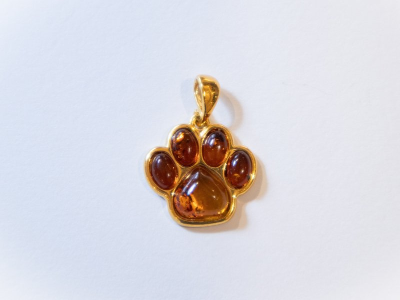 925 silver AMBER 小毛孩掌印 吊墜項鍊 - 項鍊 - 寶石 金色