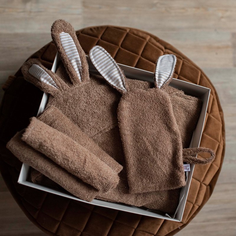 SET: Hooded Towel, Mitten and mini towels dark brown set for a Baby or Toddler - 毛巾/浴巾 - 棉．麻 咖啡色