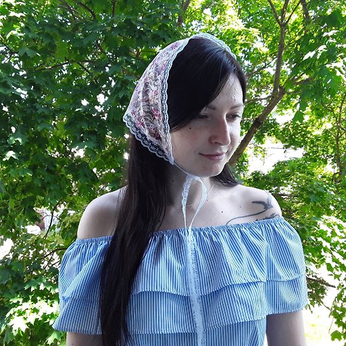 Silk- satin triangle head scarf, mushroom bandana with lace and
