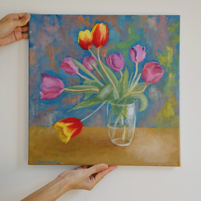 Fresh Spring Tulips Flowers Original Art Oil Painting Wall Decor Beautiful Tulip - โปสเตอร์ - วัสดุอื่นๆ หลากหลายสี