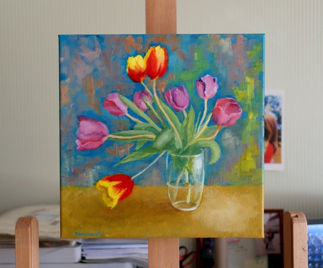 新鮮な春のチューリップの花の元の芸術の油絵の壁の装飾の美しい