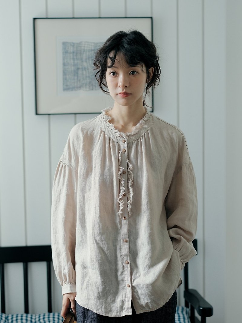 Scattered ear-edge design linen shirt Japanese loose top early autumn - Women's Tops - Cotton & Hemp Multicolor