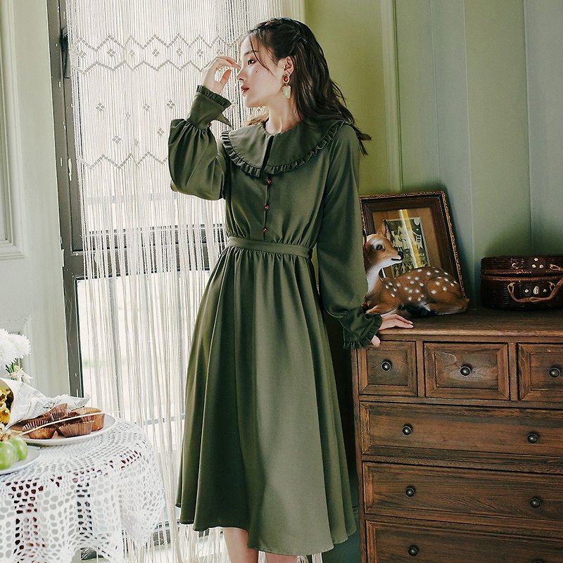 早秋裝新款2018復古時尚荷葉領腰帶長款連身裙洋裝 - 連身裙 - 其他材質 綠色
