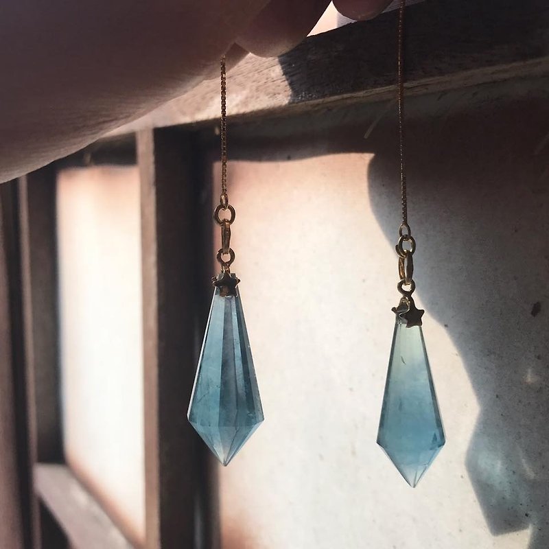 【Lost And Find】Mini size Natural 925 star fluorite earring - Earrings & Clip-ons - Gemstone Blue