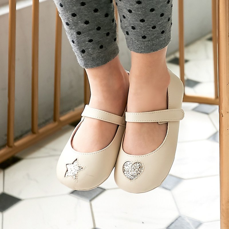 Asymmetrical glitter star heart baby doll shoes-almond rice - รองเท้าเด็ก - หนังแท้ ขาว