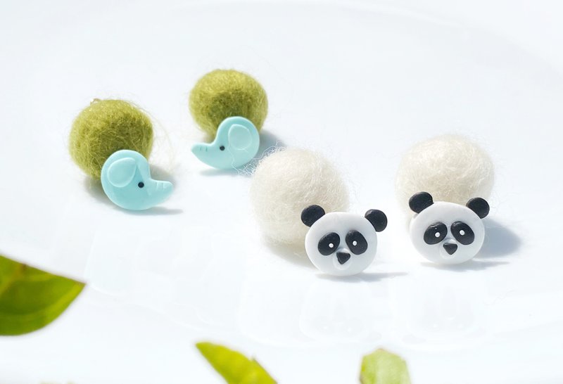 Panda·Little Elephant Handmade Soft Pottery Earrings| Clip-On - ต่างหู - ดินเหนียว หลากหลายสี