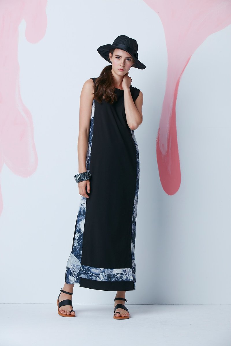 A breathable black linen stitching print sleeveless round neck dress - One Piece Dresses - Cotton & Hemp Black