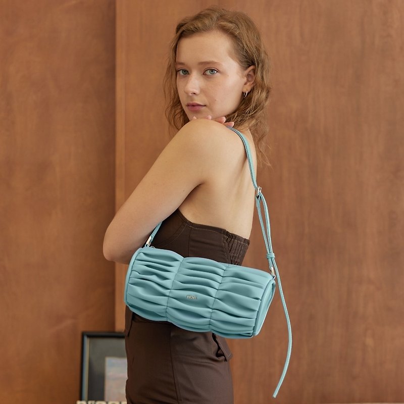WOVE - Zoom barrel bag ruffled technique in sky blue - Handbags & Totes - Faux Leather Blue