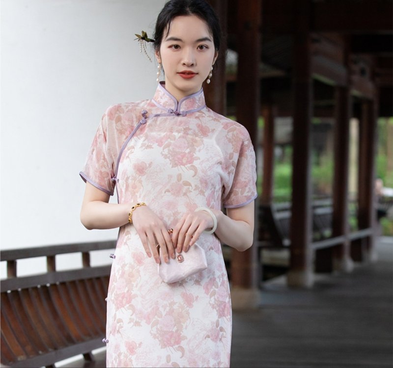 苒苒時光 新中式復古 絕美少女古法平裁旗袍 - 旗袍/改良式旗袍 - 聚酯纖維 粉紅色