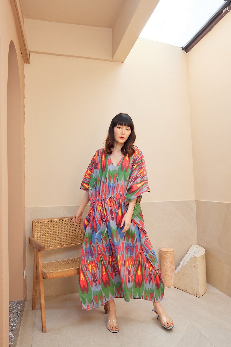 Freesize Cotton Indian Ikat Print Dress Unisex Summer Adjustable String Gown - เสื้อผู้หญิง - ผ้าฝ้าย/ผ้าลินิน สีแดง