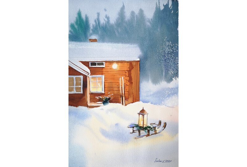 Small warm light in winter - Original watercolor - Wall Décor - Paper 