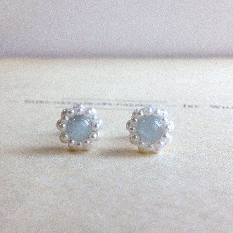 14 kgf small aquamarine and vintage pearl petite flower earrings OR ear clip - Earrings & Clip-ons - Gemstone Blue