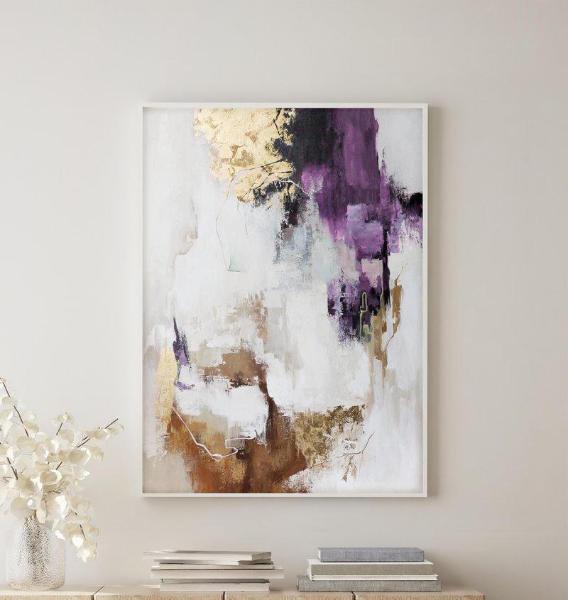 Purple Abstract painting|Abstract purple wall art |Purple gold art | Pink Flux 2 - 壁貼/牆壁裝飾 - 棉．麻 紫色