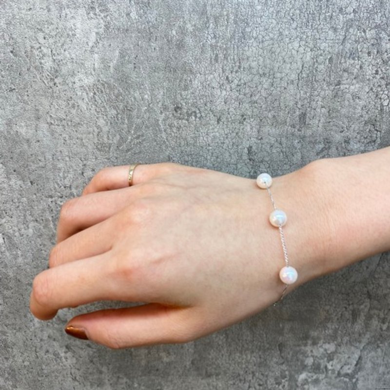 7mm Station Bracelet Silver Chain ~ Akoya Pearl White ~ - สร้อยข้อมือ - ไข่มุก ขาว