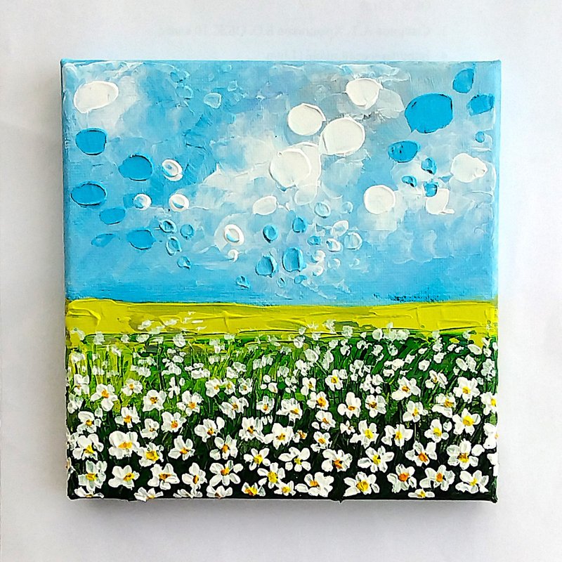 Daisies Painting Landscape Small Art Wall Decoration Mini Artwork - 壁貼/牆壁裝飾 - 壓克力 多色