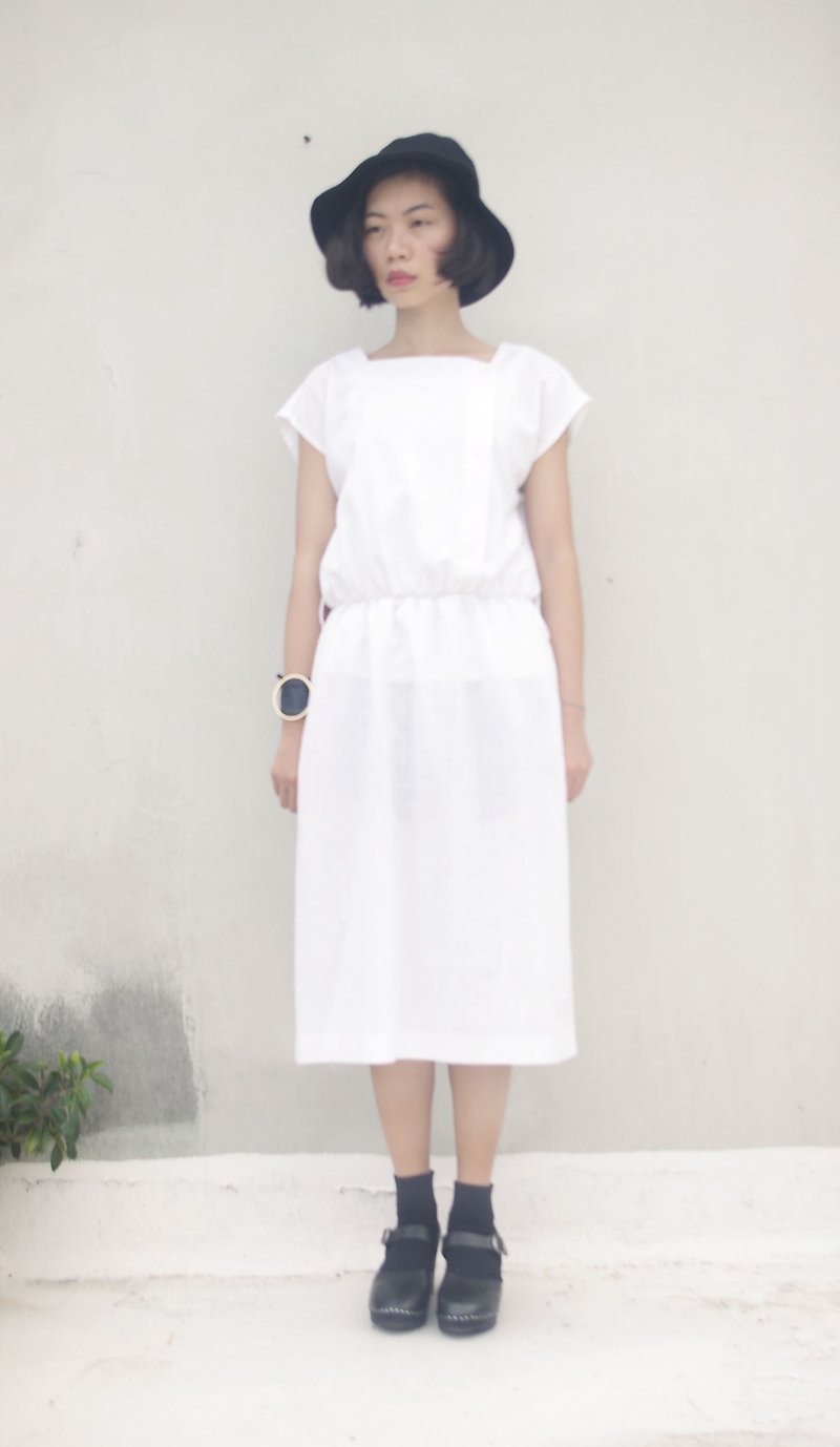 4.5studio- vintage treasure hunt - elegant white linen square collar dress retro - One Piece Dresses - Cotton & Hemp White