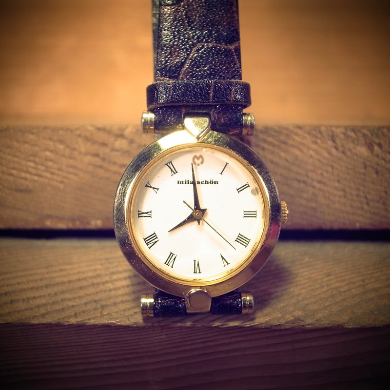 [Old bones] mila schon gold white quartz watch VINTAGE antique RETRO antique table retro - นาฬิกาผู้หญิง - โลหะ ขาว