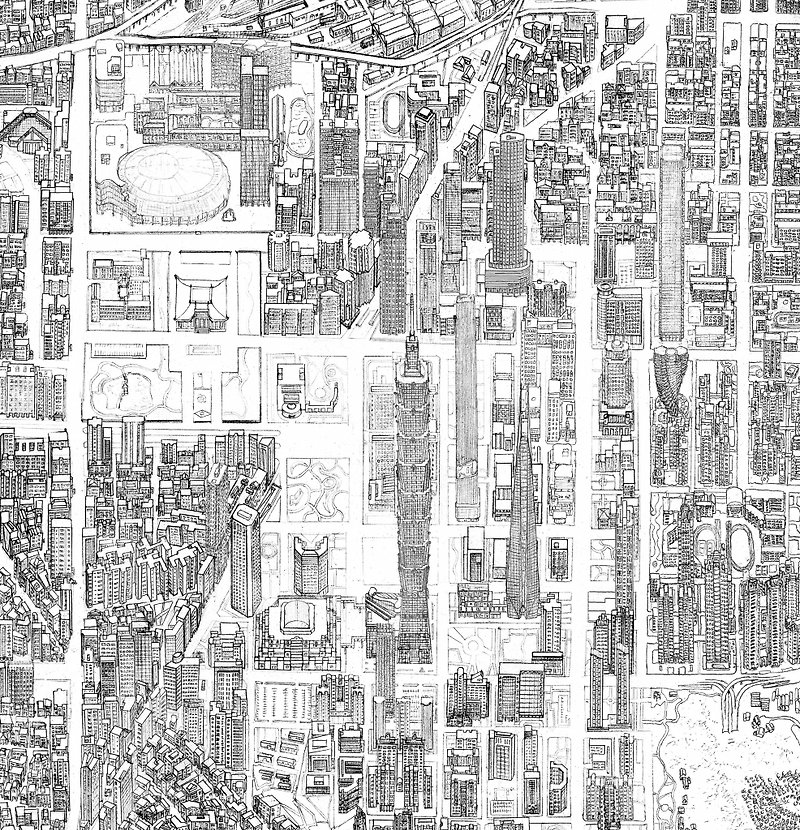Taipei City Bird's Eye Map Drawing Print, Medium and Large - Wall Décor - Paper White