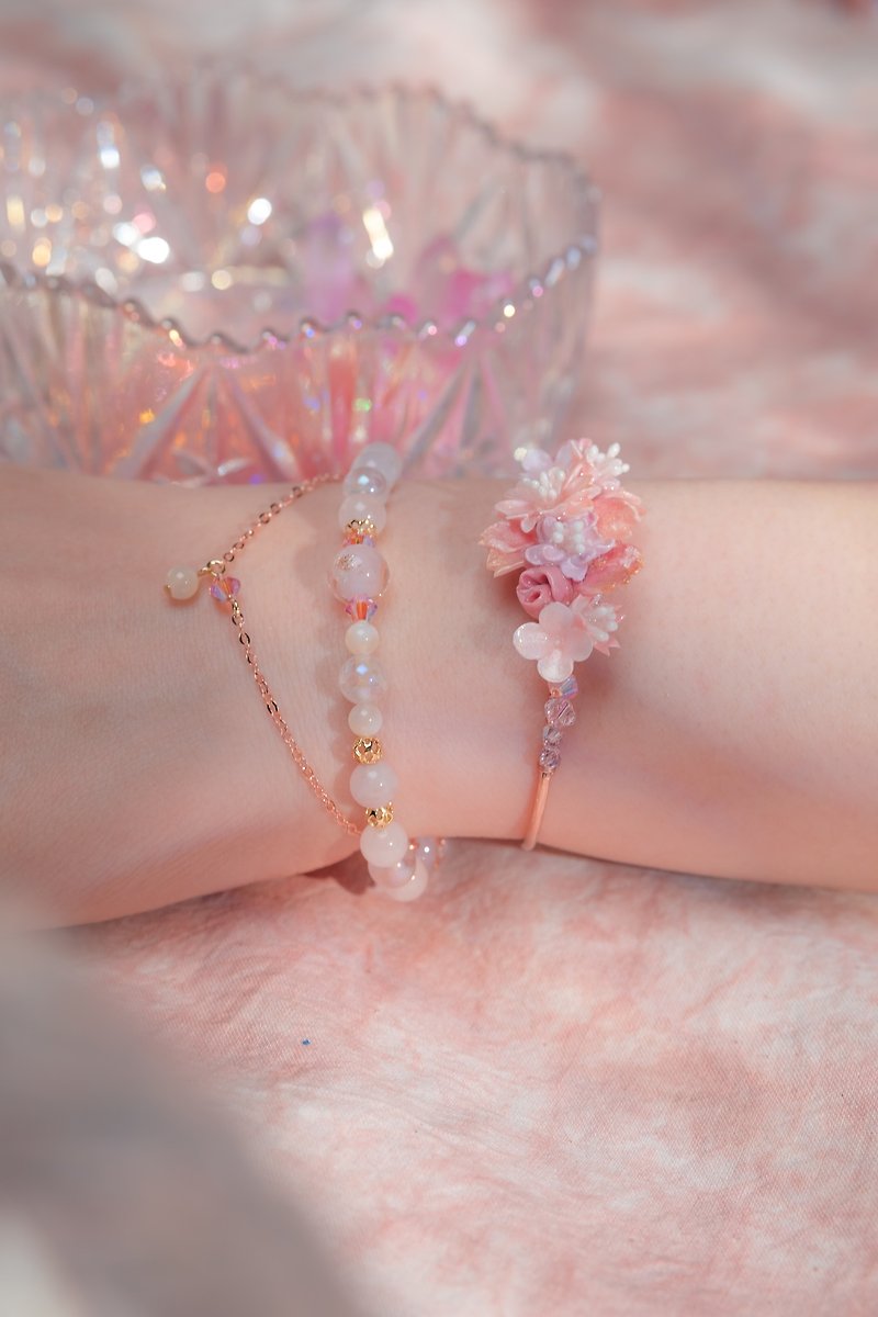 櫻染粉晶金箔玻璃珠手鍊 - 手鍊/手鐲 - 水晶 粉紅色