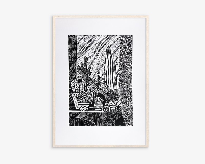 Black and white Botanical cactuses Linocut print Original artwork Farmhouse gift - 海報/掛畫/掛布 - 紙 黑色