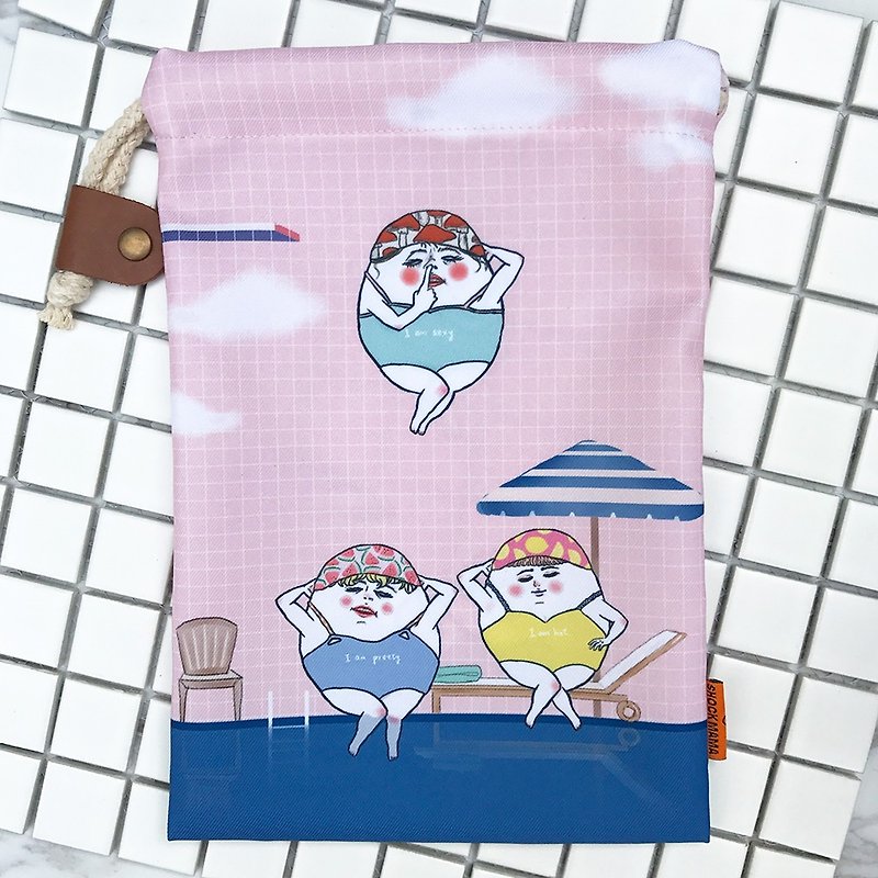 卵ちゃんたちのプールパーティー  巾着バッグ (ピンク) - ポーチ - コットン・麻 ピンク