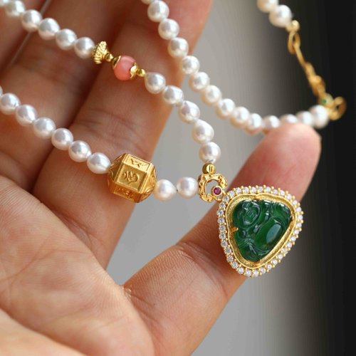 Angel's tears 天使之淚 Jewelry Design 4mm天然原色淡水珍珠 A貨翡翠佛公設計多圈手串項鍊s