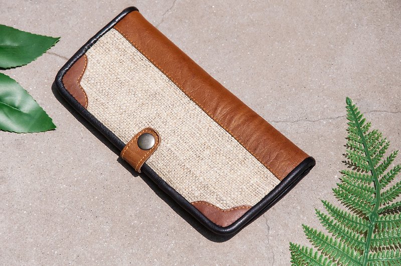 Handmade cotton and Linen wallet / woven stitching leather long clip / long wallet / coin purse / woven wallet - original flavor - Wallets - Genuine Leather Khaki