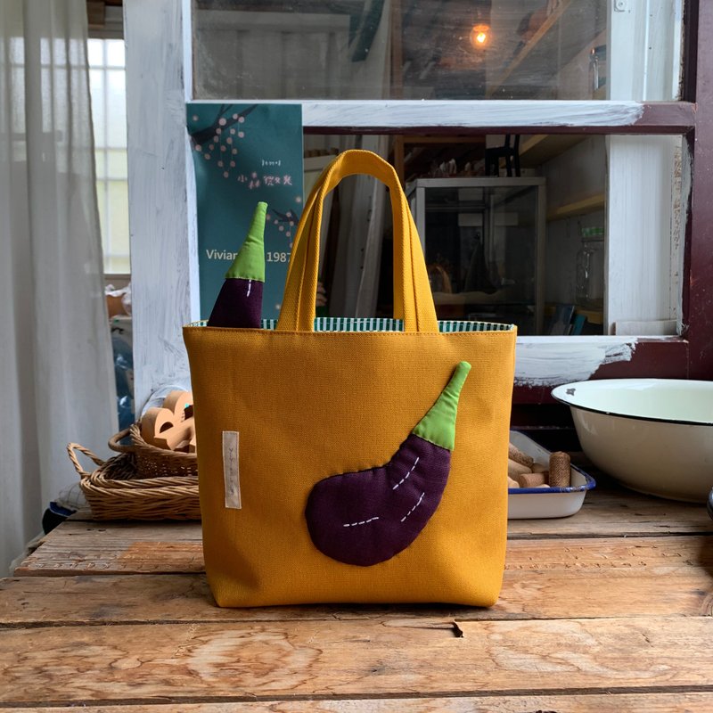 Round eggplant tote bag/natural yellow bottom - Handbags & Totes - Cotton & Hemp Purple