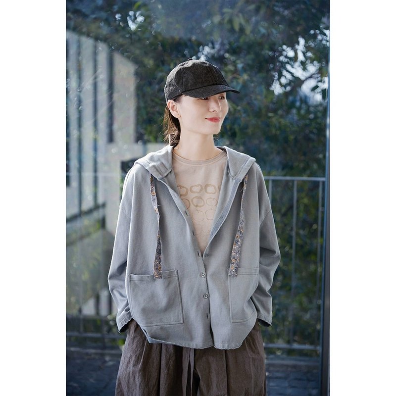 清藍灰親膚顯白開襟針織連帽衫 - 女毛衣/針織衫 - 棉．麻 