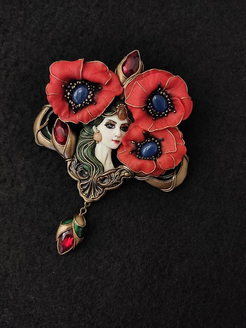 Lorentina Virgin with Poppies, poppy brooch, red poppies, red flowers,poppy jewelry
