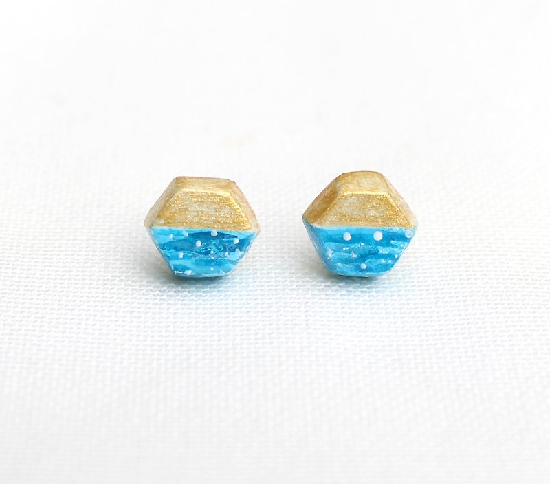 Golden retro little bit - hexagonal earrings / blue / ear clip - ต่างหู - ดินเหนียว สีน้ำเงิน