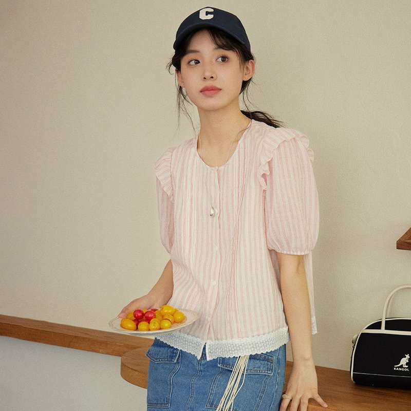條紋蕾絲襯衫|襯衫|兩色|夏款|Sora-1511 - 女襯衫 - 棉．麻 多色